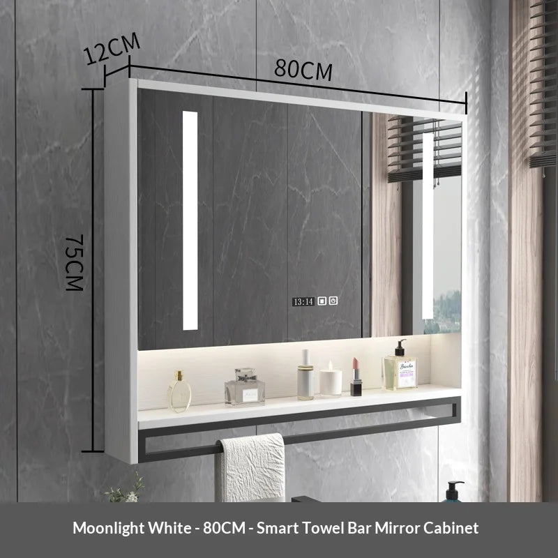 Bathroom Mirror LED Backlit Smart Anti Fog Touch Sensor Mirrored Cabinet Wall Mounted Storage Shelf Vanity Mirror Household