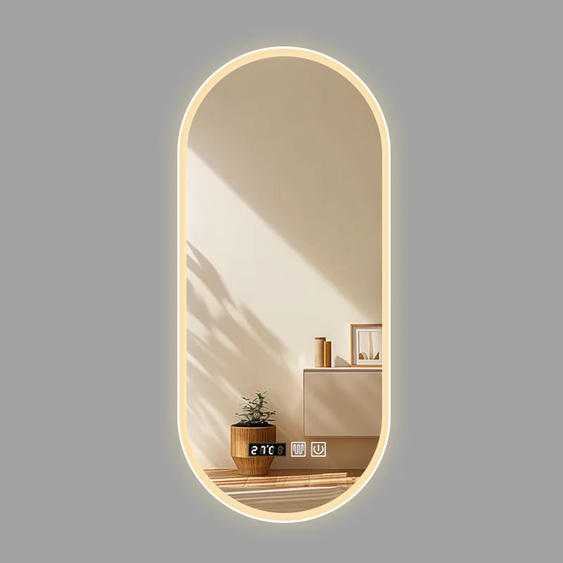 Led Bathroom Long Mirror Small Vanity Smart Oval Smart Bathroom Mirror Touch Screen Toilet Washbasin Makeup Mirror with Lamp