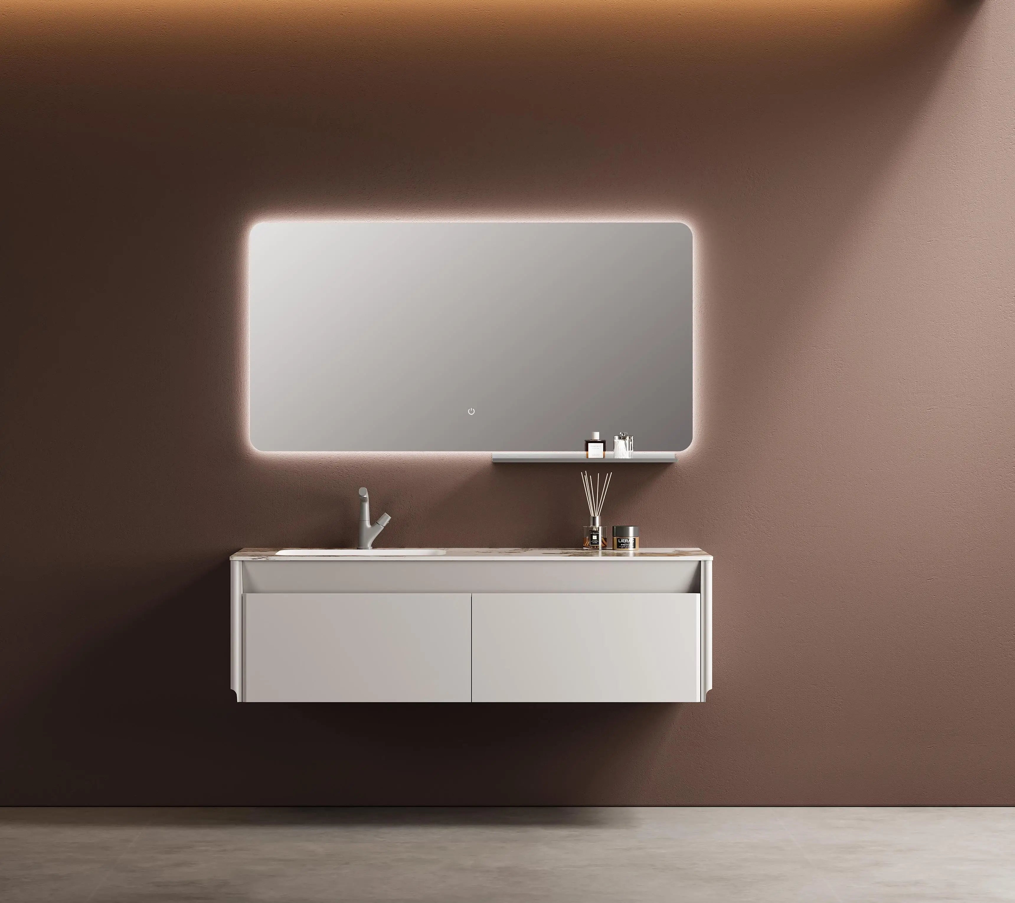 Modern Luxury Rectangle LED Mirror Light Bathroom Vanity Set with Solid Wood Cabinets and Ceramic Basin Sink