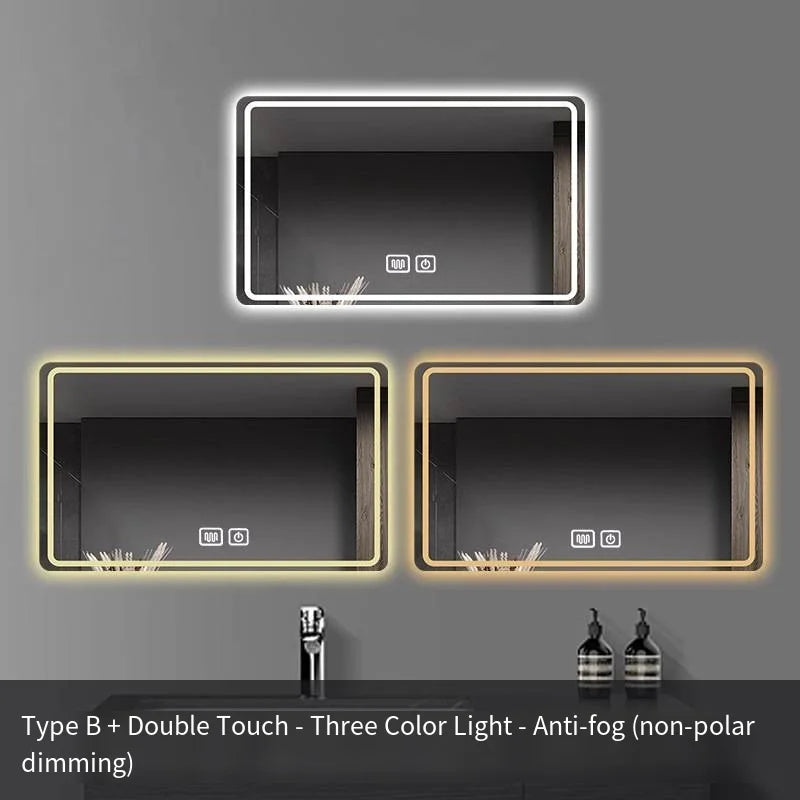 Square Smart Hotel Bedroom Defogging Decorative Mirror LED Bathroom Mirror 3 Color Adjustable Backlight，Customizable size