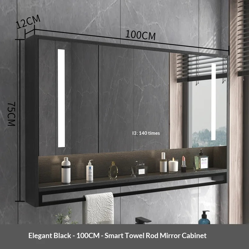 Bathroom Mirror LED Backlit Smart Anti Fog Touch Sensor Mirrored Cabinet Wall Mounted Storage Shelf Vanity Mirror Household