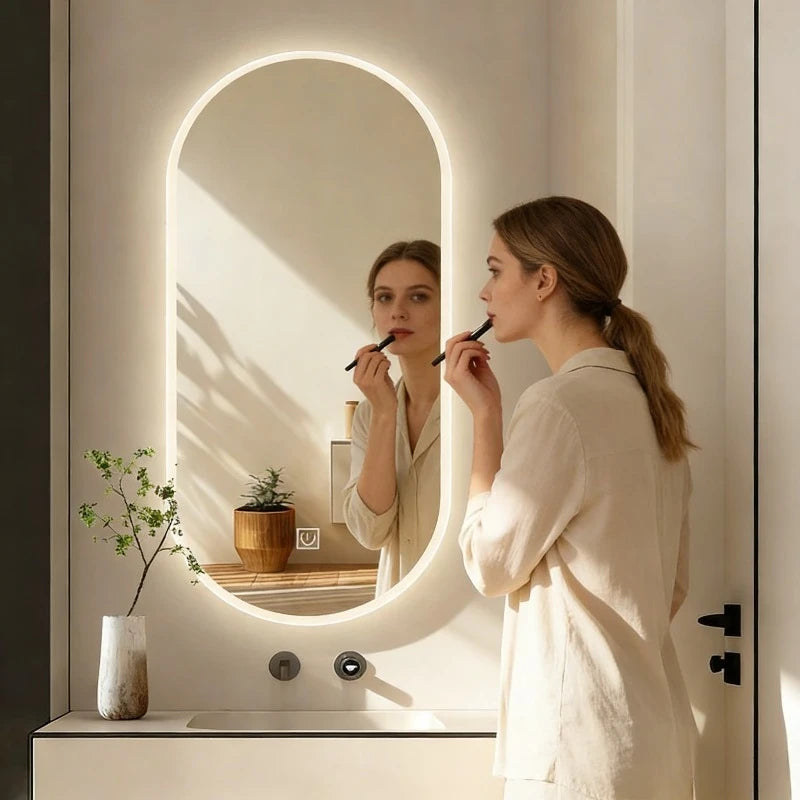 Led Bathroom Long Mirror Small Vanity Smart Oval Smart Bathroom Mirror Touch Screen Toilet Washbasin Makeup Mirror with Lamp
