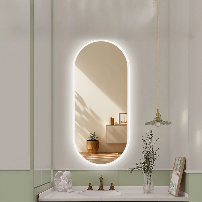 Led Bathroom Long Mirror Small Vanity Smart Oval Smart Bathroom Mirror Touch Screen Toilet Washbasin Makeup Mirror with Lamp