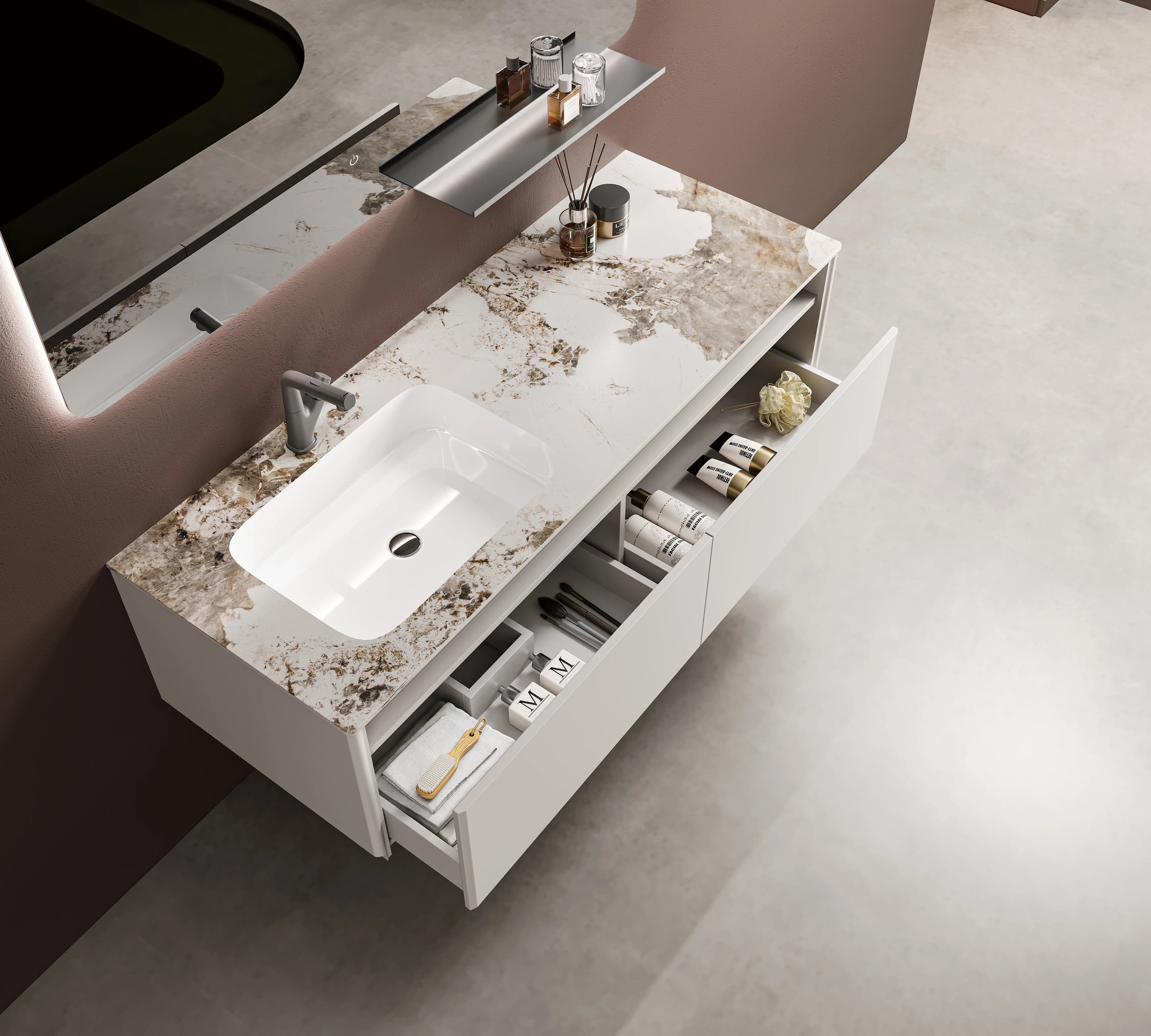 Modern Luxury Rectangle LED Mirror Light Bathroom Vanity Set with Solid Wood Cabinets and Ceramic Basin Sink