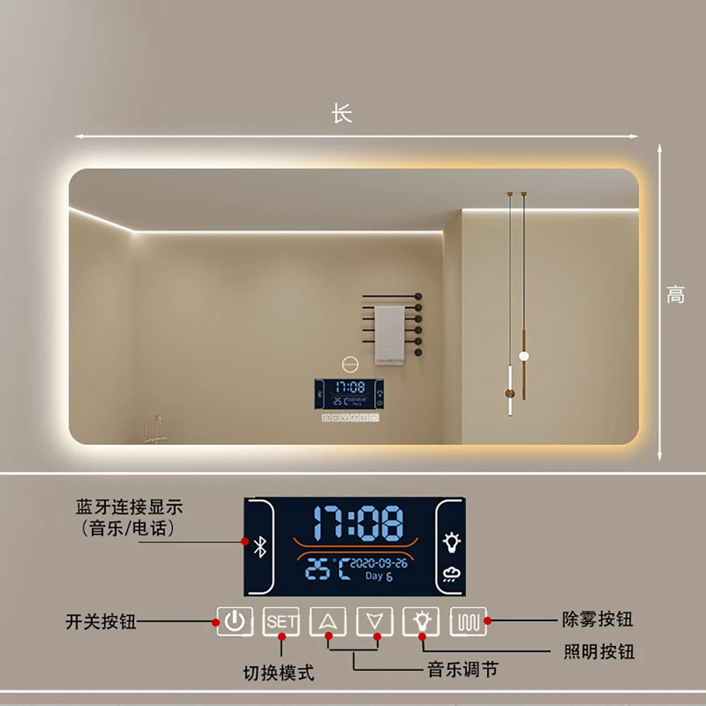 Square Smart Hotel Bedroom Defogging Decorative Mirror LED Bathroom Mirror 3 Color Adjustable Backlight，Customizable size