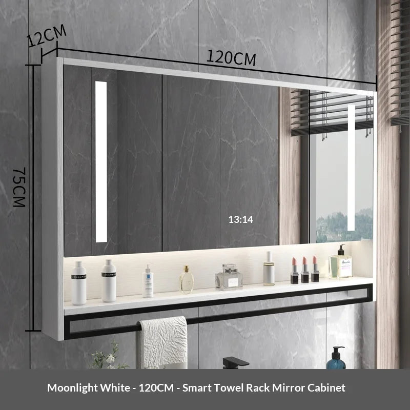 Bathroom Mirror LED Backlit Smart Anti Fog Touch Sensor Mirrored Cabinet Wall Mounted Storage Shelf Vanity Mirror Household