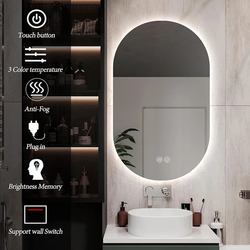 Lighted LED Bathroom Mirror,Wall Mounted Dimmable 3 Colors Makeup Mirror with Bright Back Lit - Smart Mirror Anti Fog with Touch