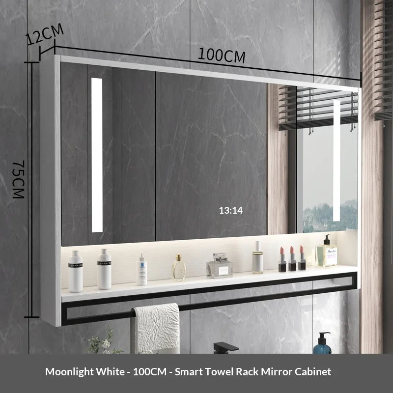 Bathroom Mirror LED Backlit Smart Anti Fog Touch Sensor Mirrored Cabinet Wall Mounted Storage Shelf Vanity Mirror Household