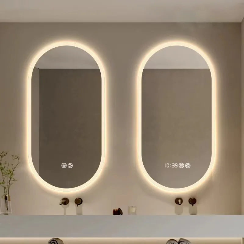 Led Bathroom Long Mirror Small Vanity Smart Oval Smart Bathroom Mirror Touch Screen Toilet Washbasin Makeup Mirror with Lamp