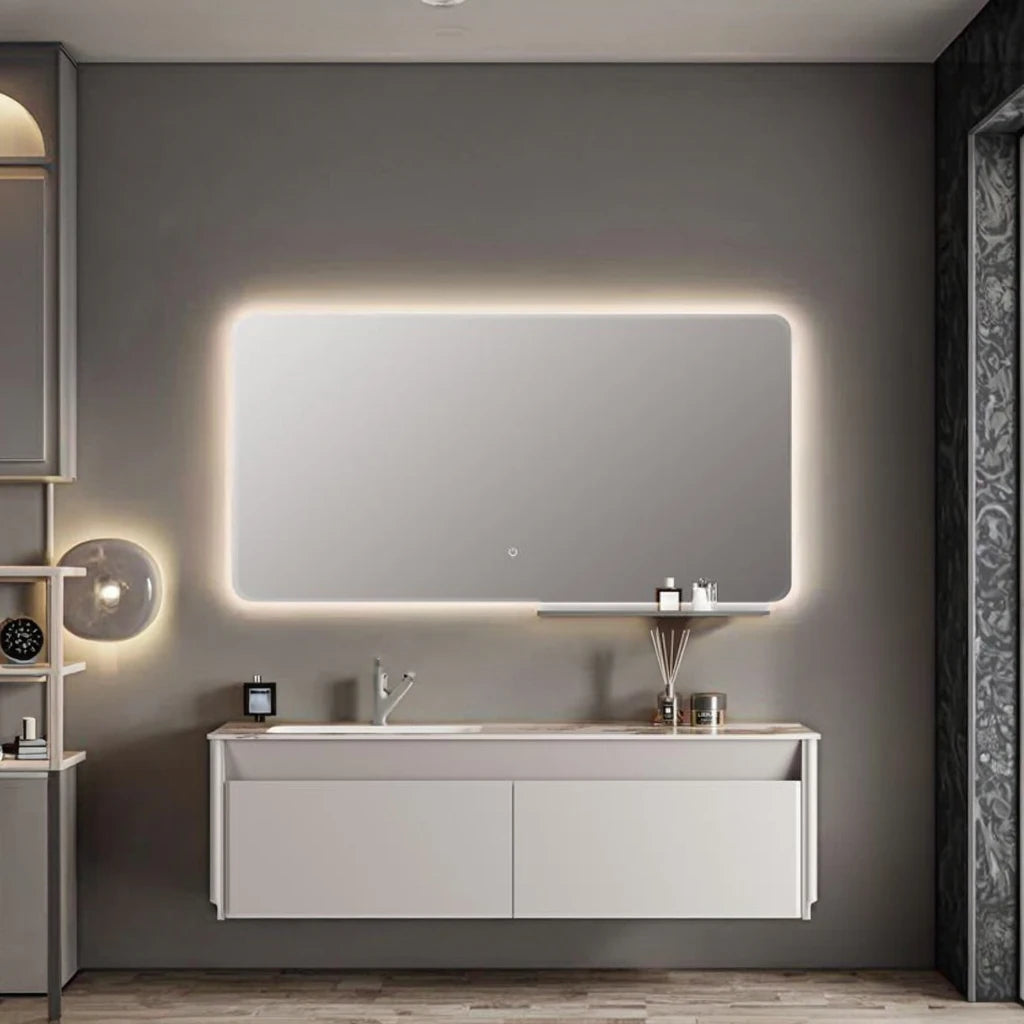 Modern Luxury Rectangle LED Mirror Light Bathroom Vanity Set with Solid Wood Cabinets and Ceramic Basin Sink