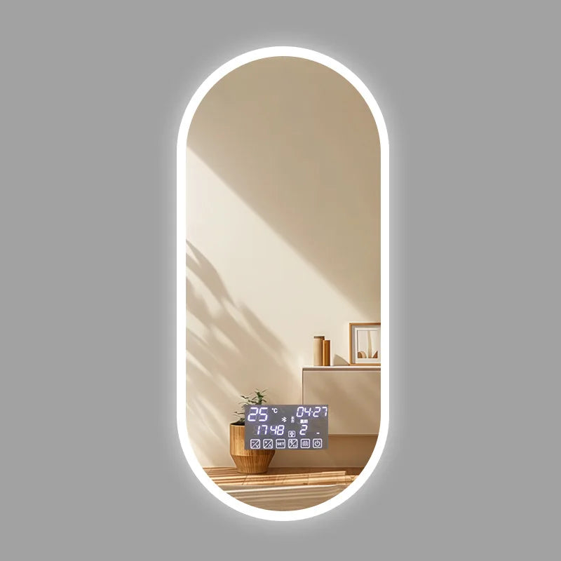 Led Bathroom Long Mirror Small Vanity Smart Oval Smart Bathroom Mirror Touch Screen Toilet Washbasin Makeup Mirror with Lamp