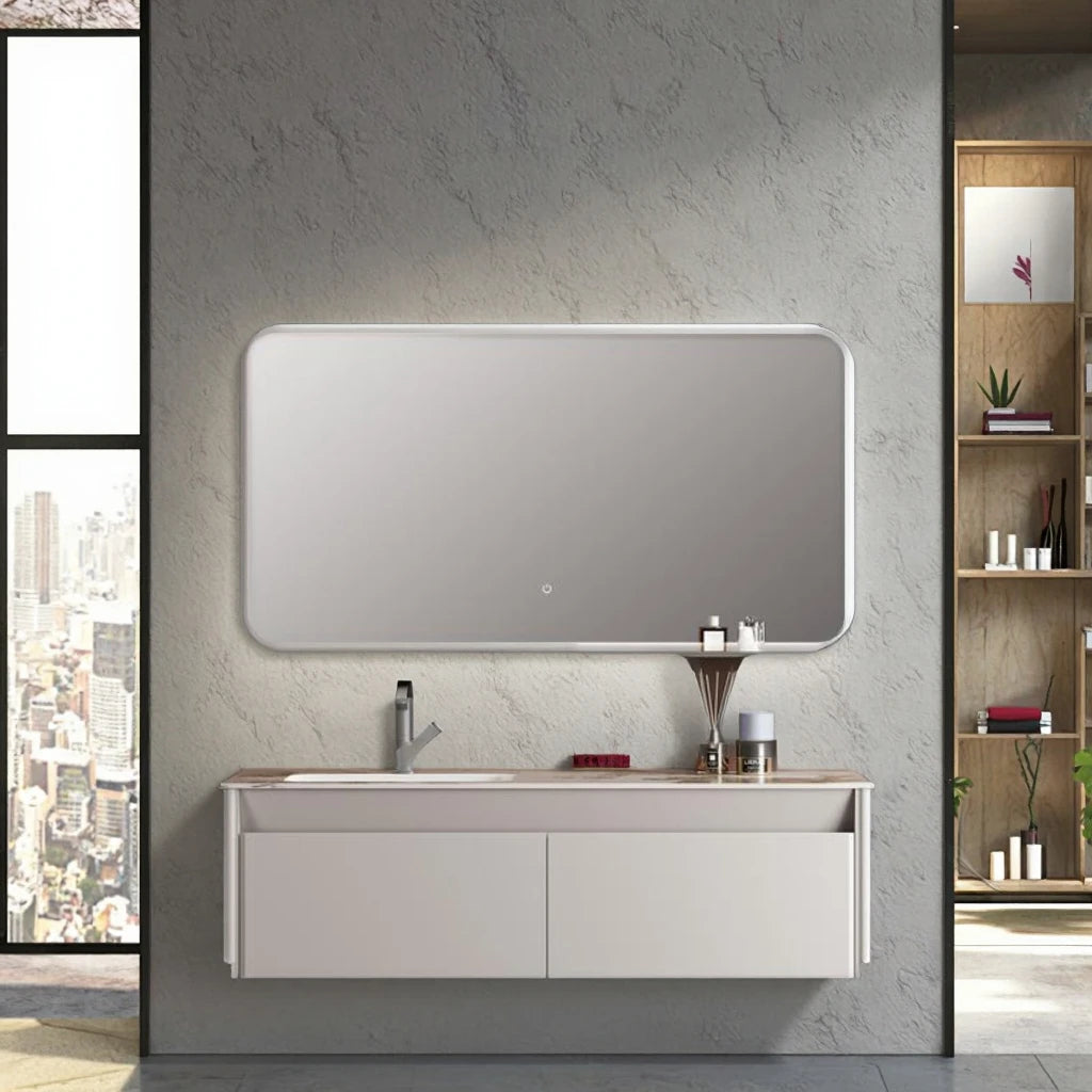 Modern Luxury Rectangle LED Mirror Light Bathroom Vanity Set with Solid Wood Cabinets and Ceramic Basin Sink