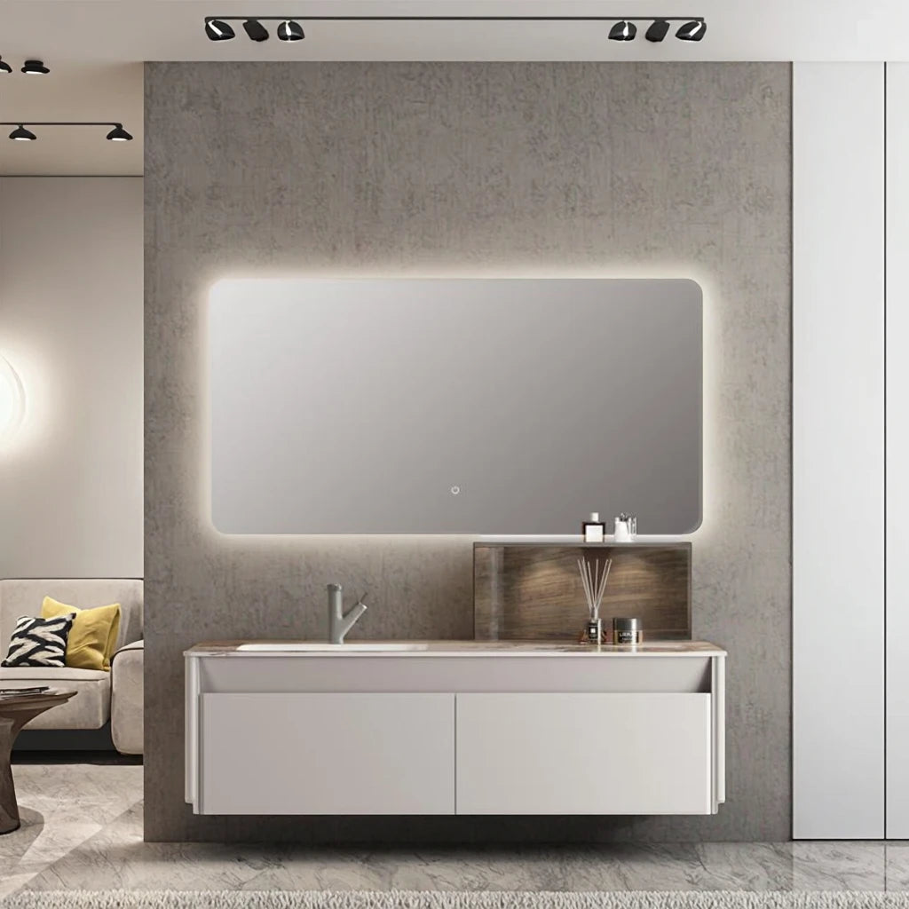 Modern Luxury Rectangle LED Mirror Light Bathroom Vanity Set with Solid Wood Cabinets and Ceramic Basin Sink
