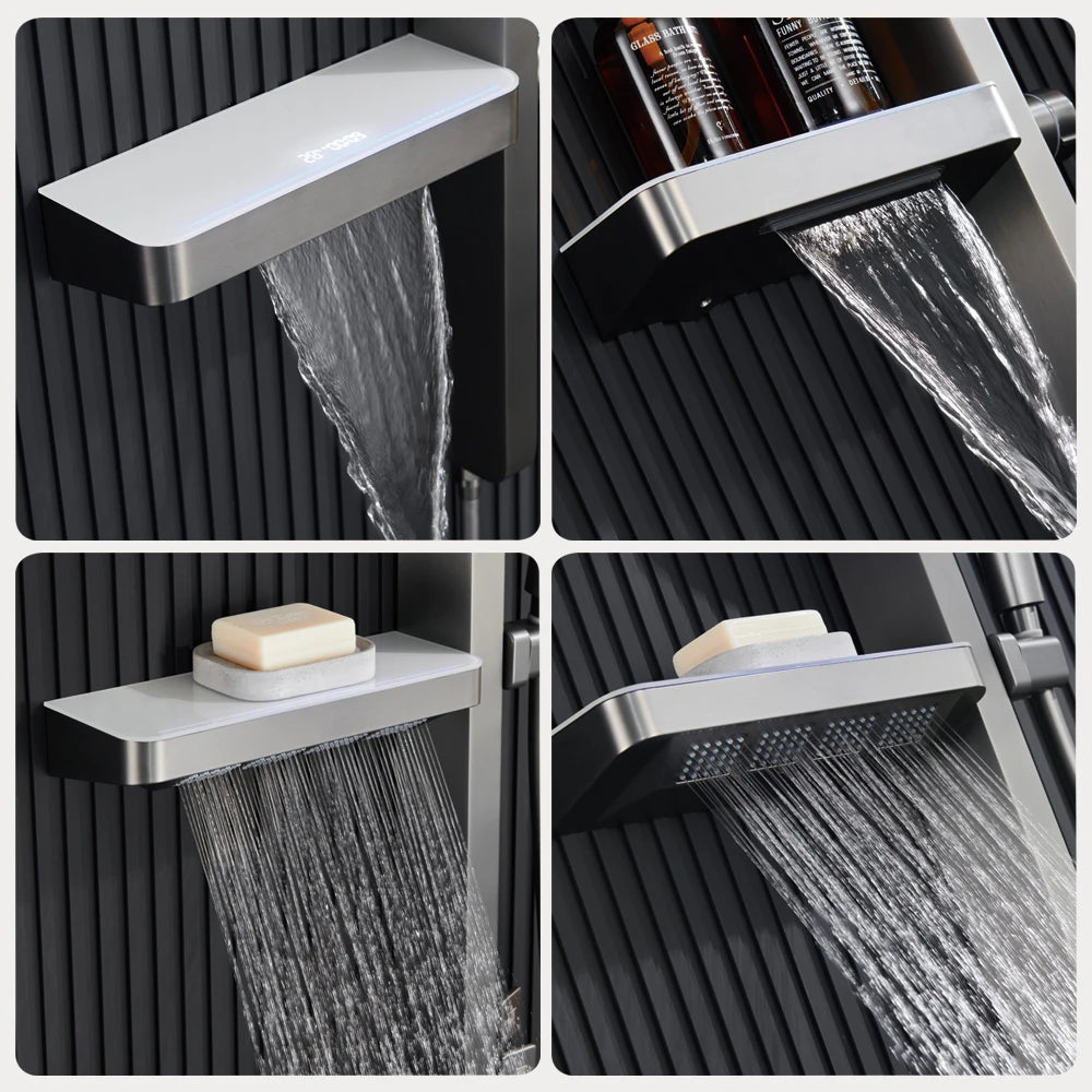 Luxury Bathroom Smart Rainfall Shower System Wall Mounted LED Digital Display Temperature Mixer Waterfall Rain Shower Faucet Set