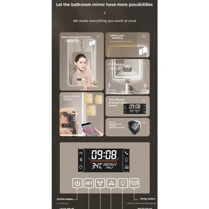 New Smart Mirror Wall Hanging LED High Definition Induction Anti-fog Bathroom Mirror Touch Screen 23.5 * 15.5 Inches Vanity